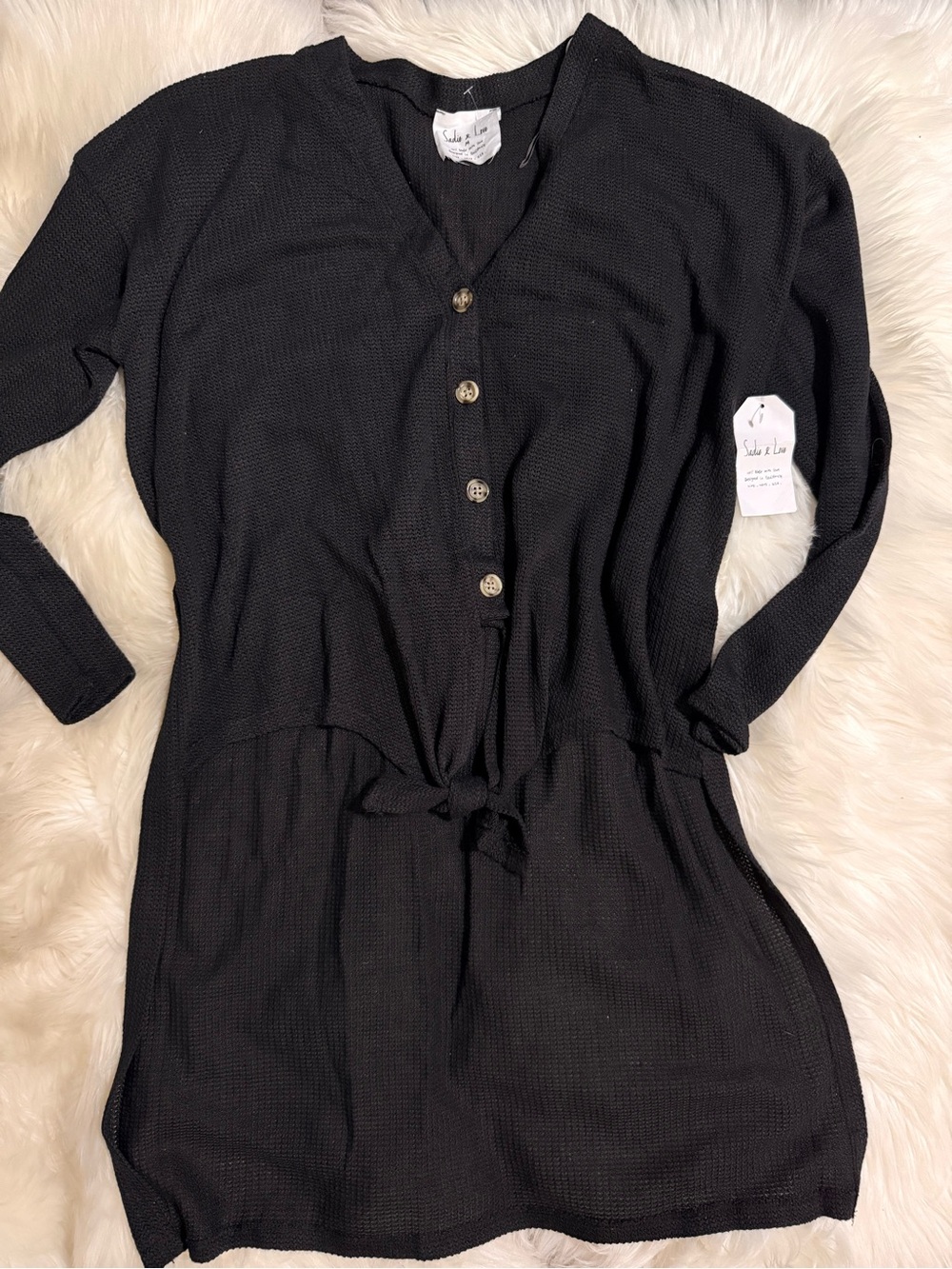 Sadie & love Black Waffle Knit Button-Front Long Sleeve Dress